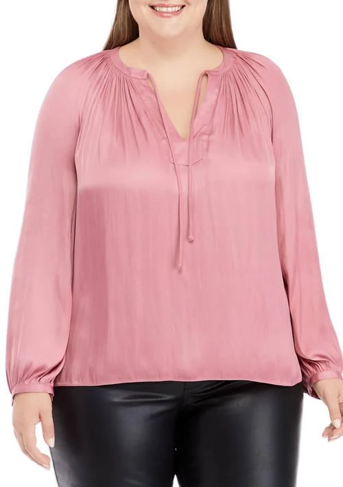 philosophy Plus Size Long Sleeve Tie Front Pleated Blouse 1