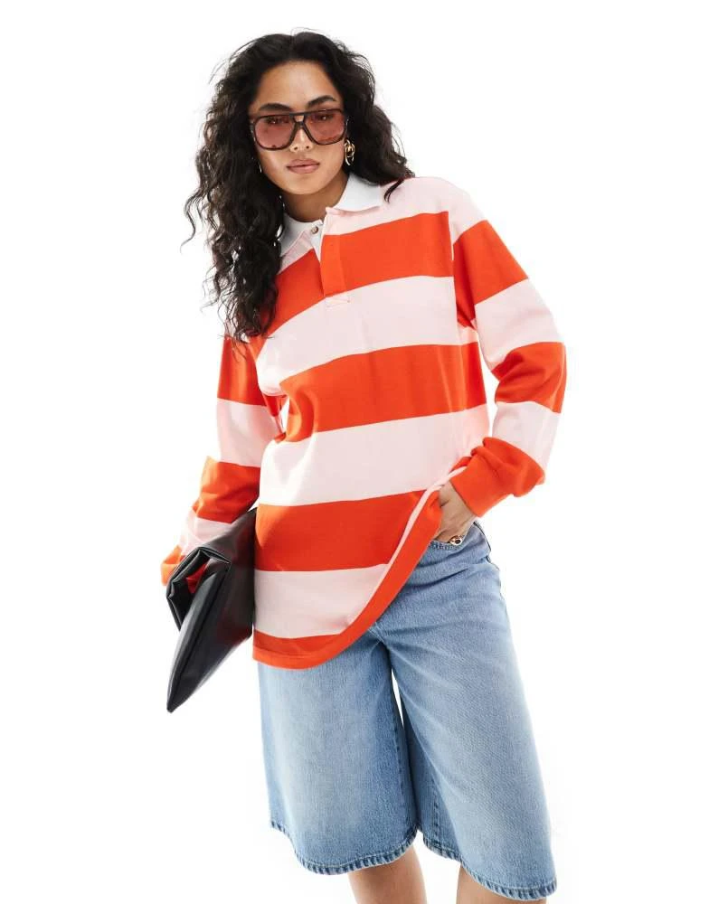 Monki Monki oversized long sleeve rugby top in pink and red stripe 1