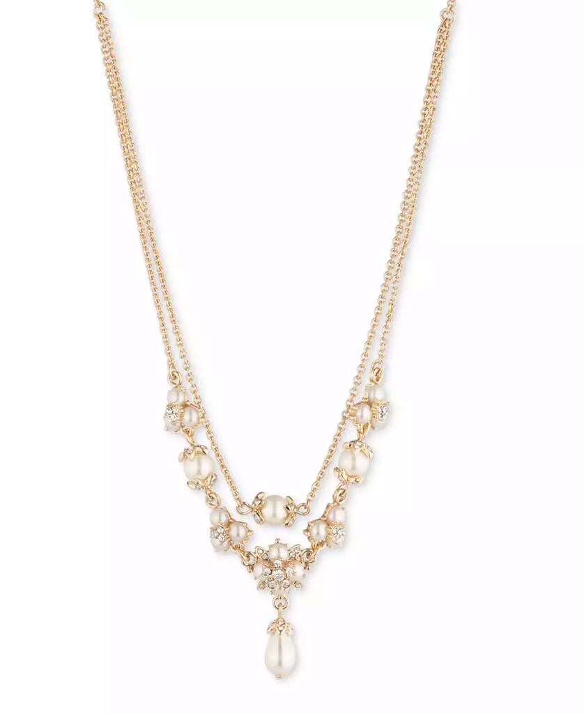 MARCHESA Gold-Tone Crystal & Imitation Pearl Layered Pendant Necklace, 16" + 3" extender