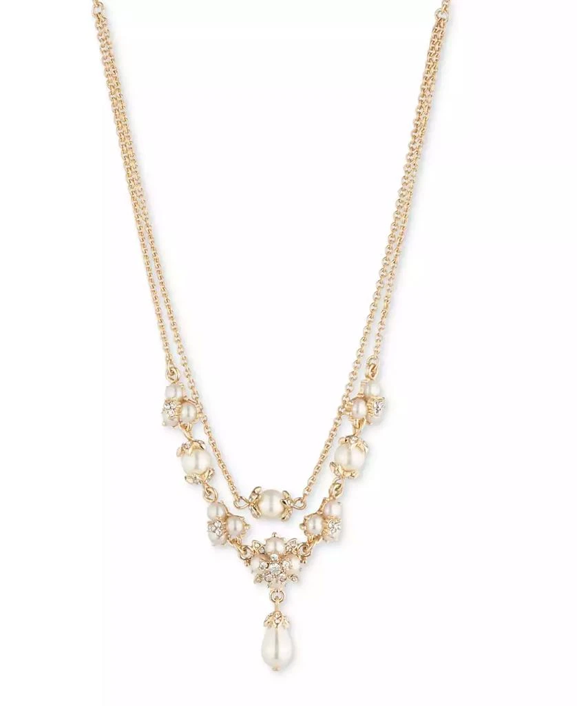MARCHESA Gold-Tone Crystal & Imitation Pearl Layered Pendant Necklace, 16" + 3" extender 1