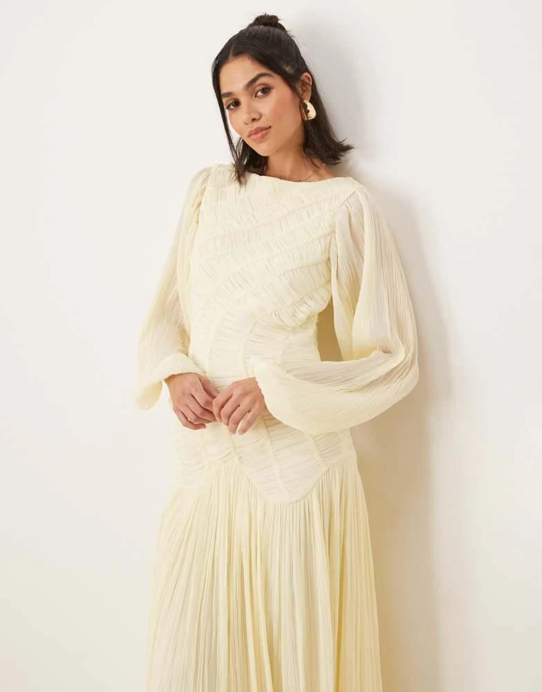 ASOS ASOS DESIGN long sleeve shirred crinkle maxi dress with dropped waist in lemon yellow 3