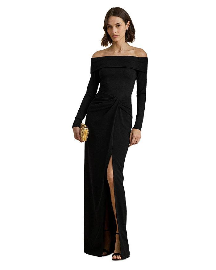 Lauren Ralph Lauren Women's Rib-Knit & Crepe Off-The-Shoulder Gown, Navy Blue, 16 Lauren Ralph Lauren Women's Rib-Knit & Crepe Off-The-Shoulder Gown, Navy Blue, 16