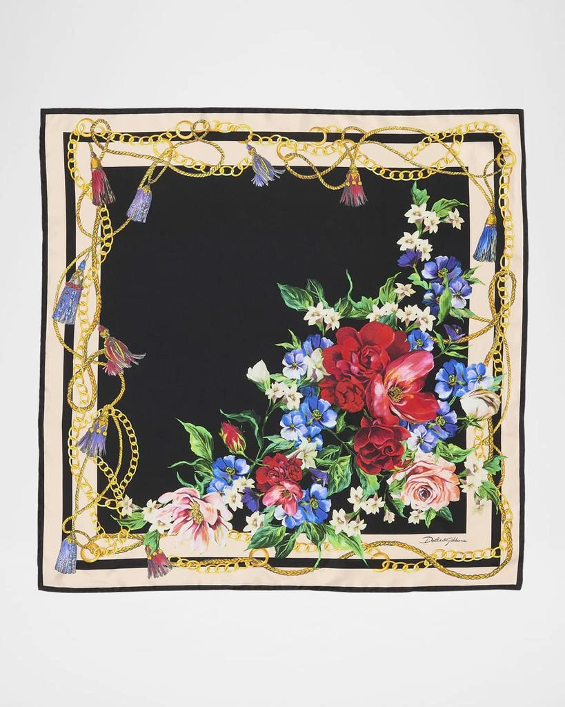Floral & chain Silky Scarf Large Blue Satin Scarf: Gold Chain & Floral Print, 36 main image 3