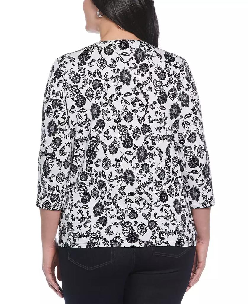 Rafaella Plus Size Floral Print Lace Up 3/4 Sleeve Top