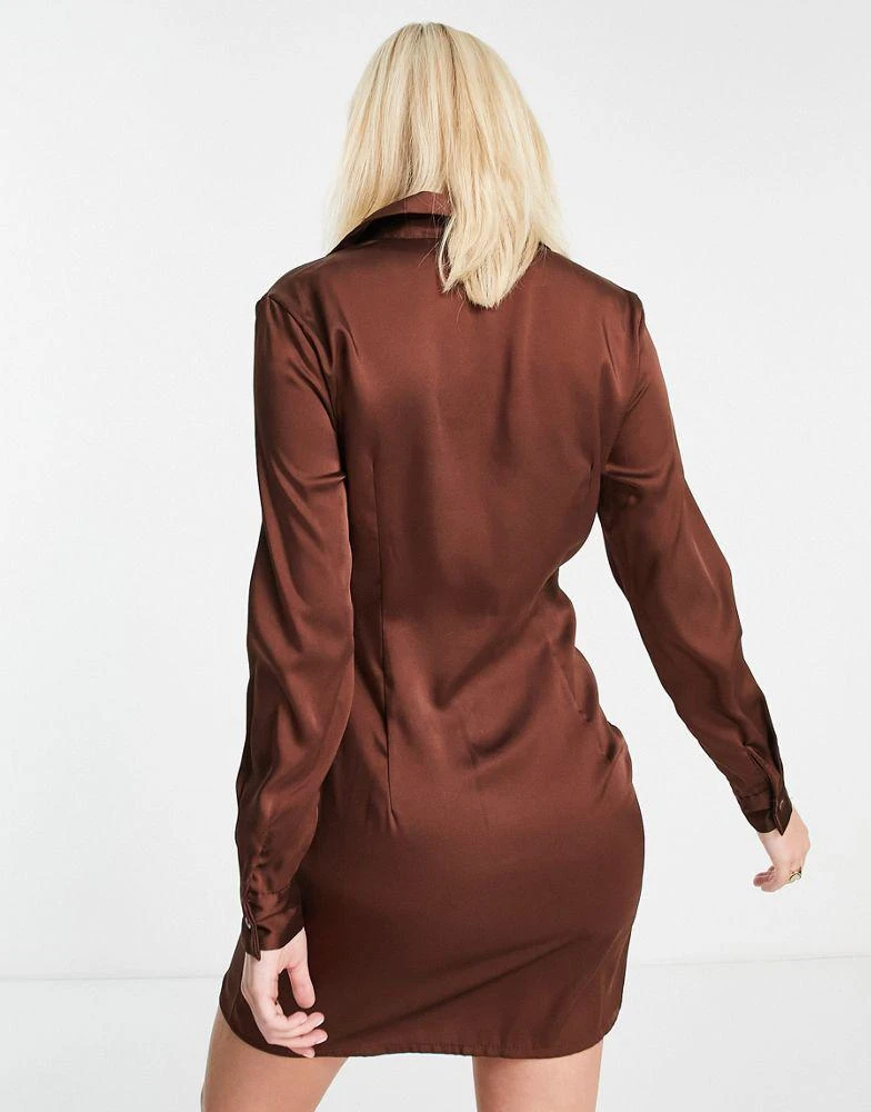 Stradivarius Stradivarius twist detail satin shirt dress in chocolate brown 4