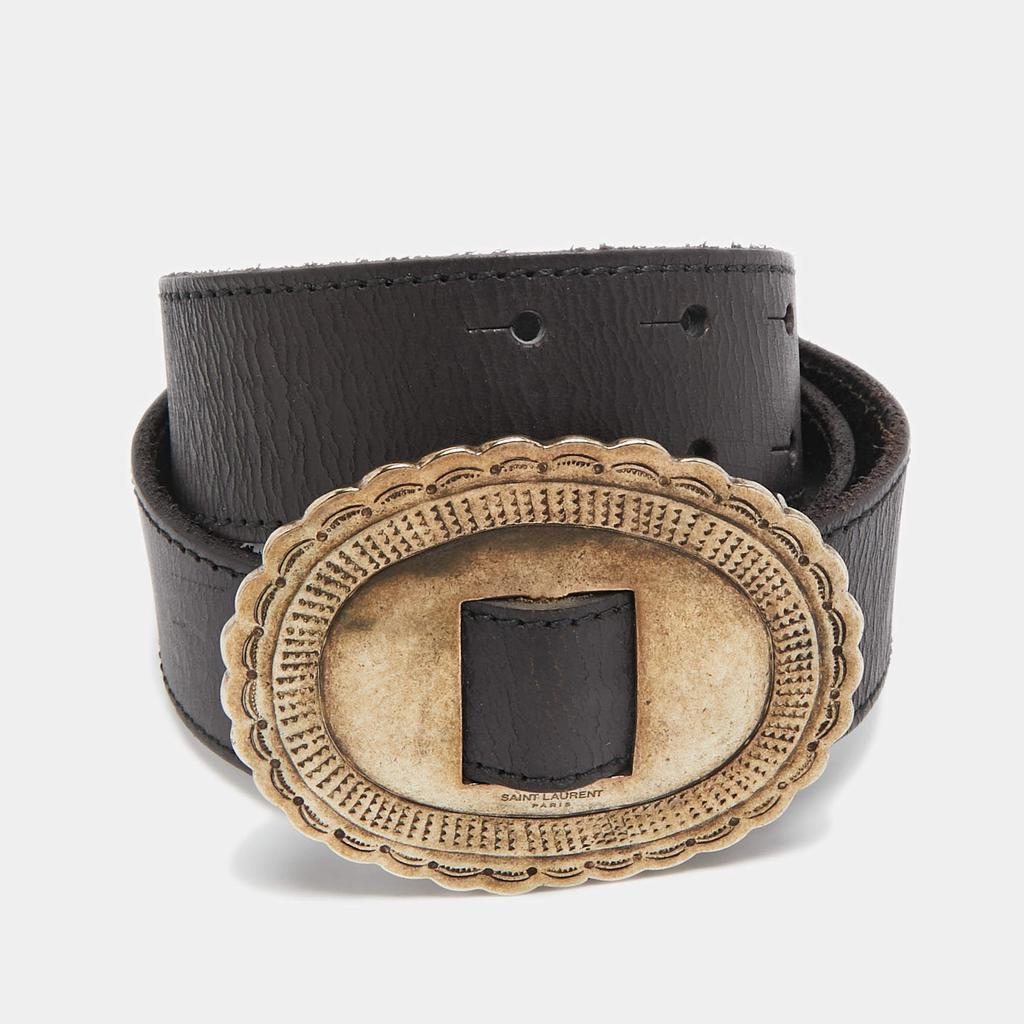 Saint Laurent Paris Saint Laurent Black Leather Oval Buckle Belt