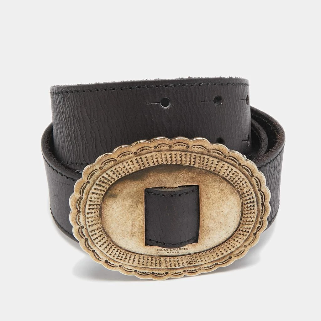 Saint Laurent Paris Saint Laurent Black Leather Oval Buckle Belt  1