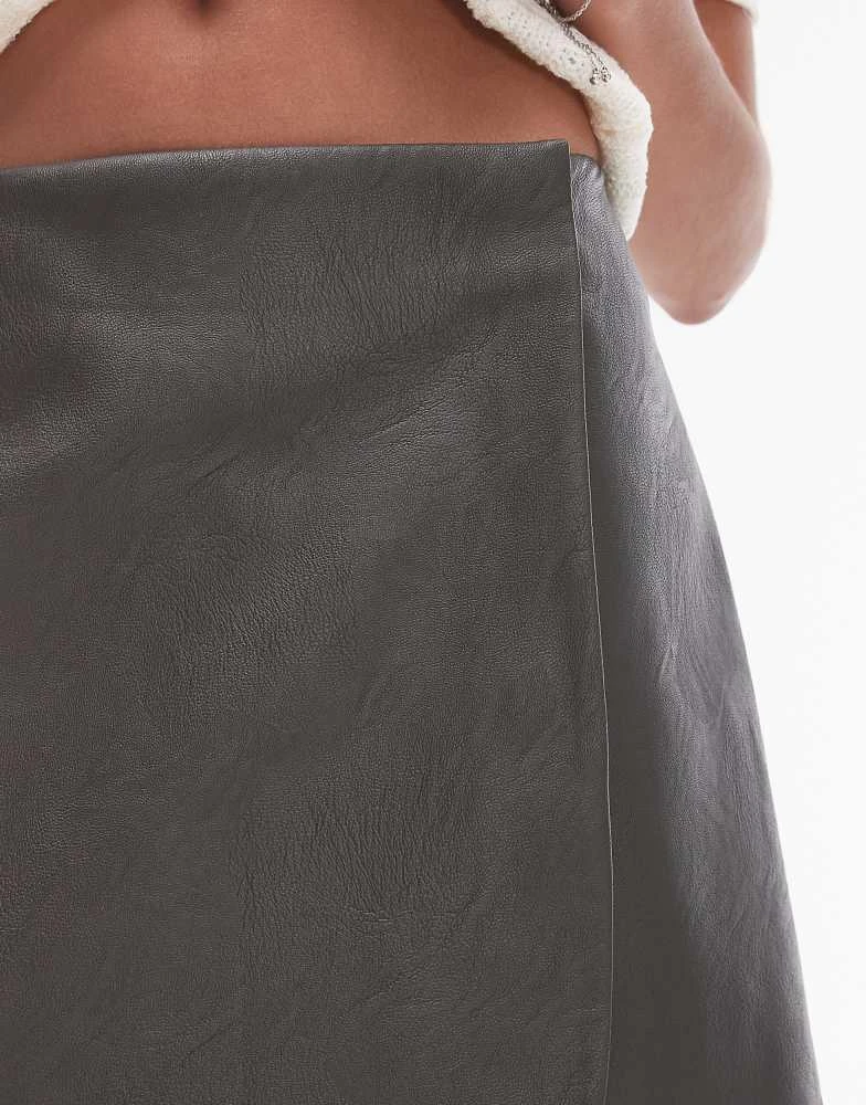 Topshop Topshop faux leather wrap mini skirt in dark khaki 5