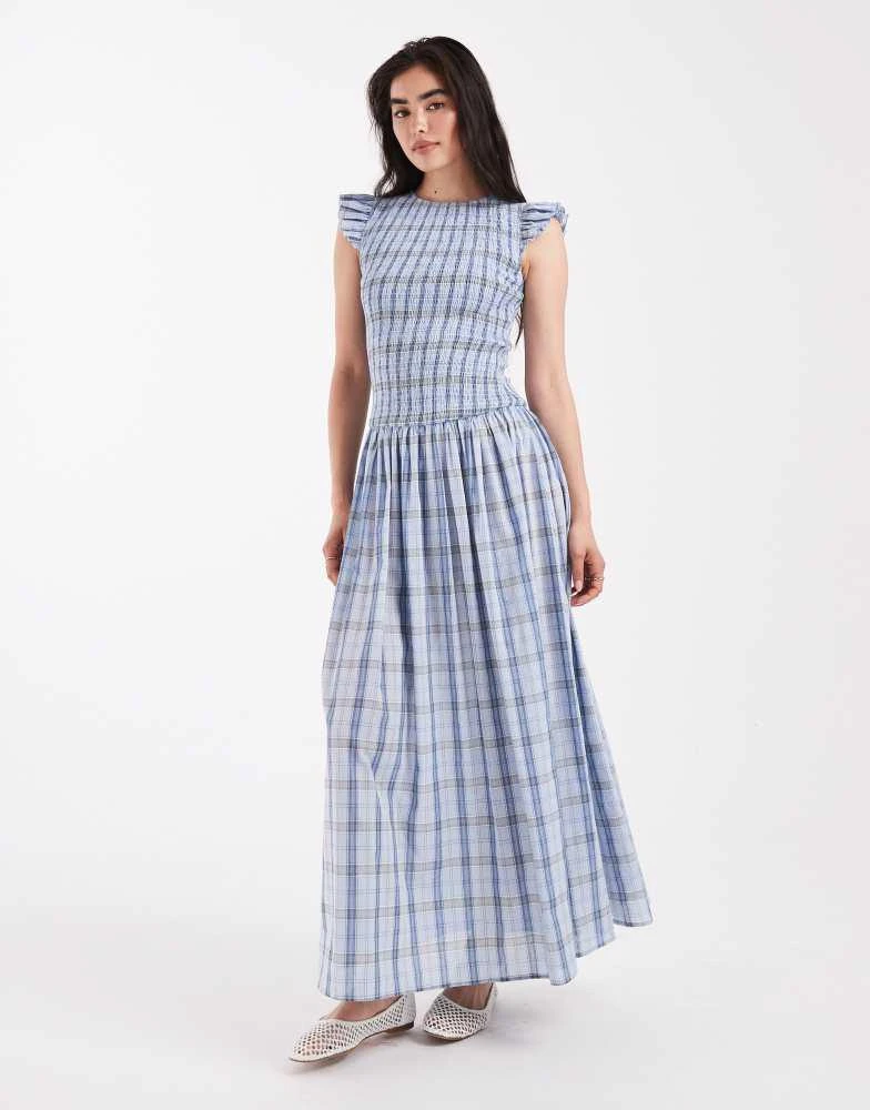 Daisy Street Daisy Street shirred bodice maxi dress with ruffle sleeve in blue check 1