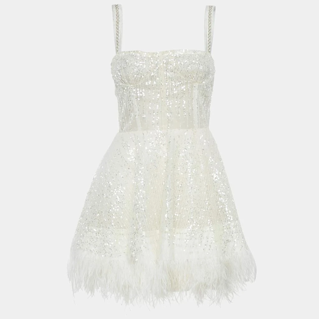 BRONX AND BANCO Bronx & Banco White Sequin Tulle Feather Trim Mademoiselle Bridal Mini Dress S 1