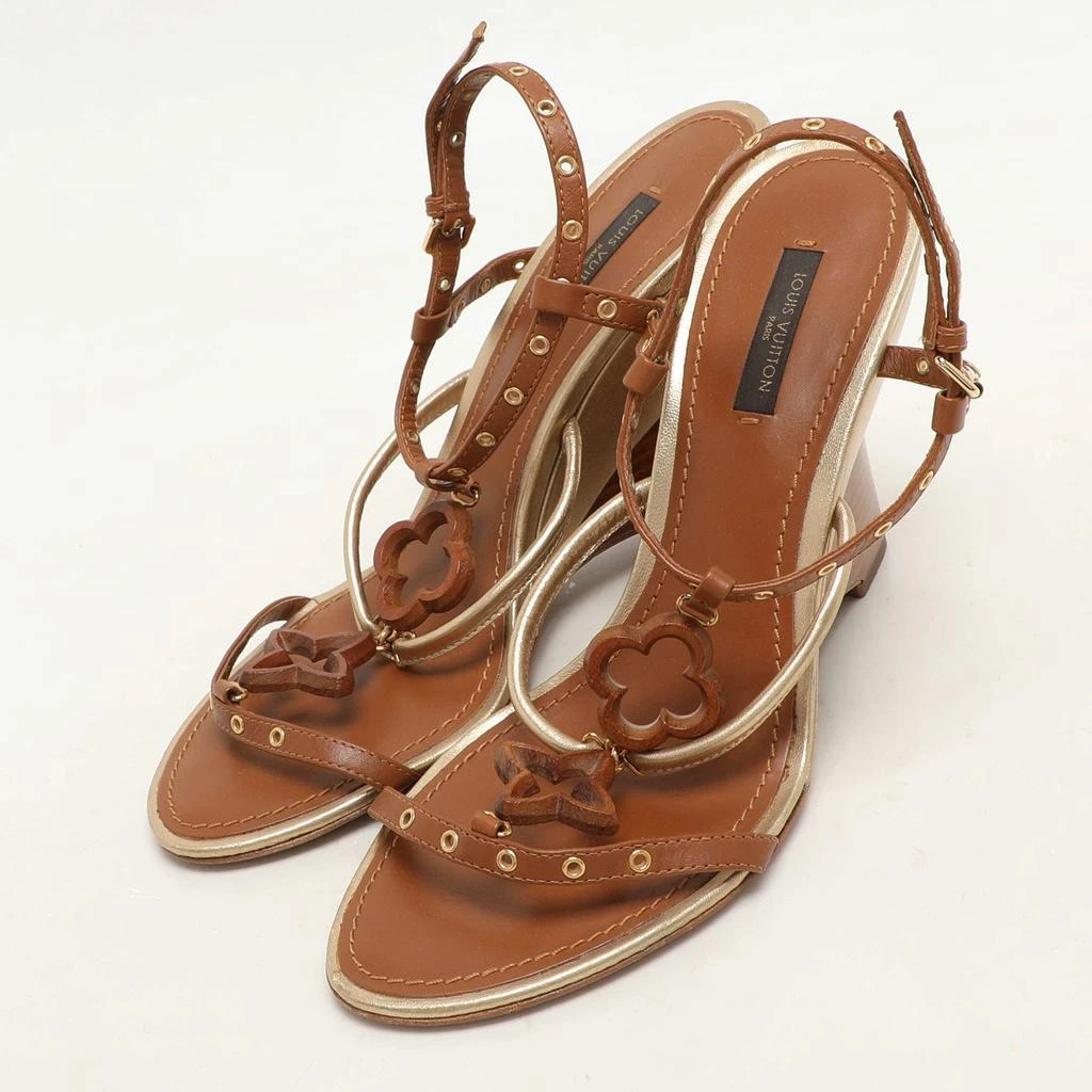 Louis Vuitton Louis Vuitton Brown Leather Eyelet T-Strap Wedge Sandals Size 38.5 2