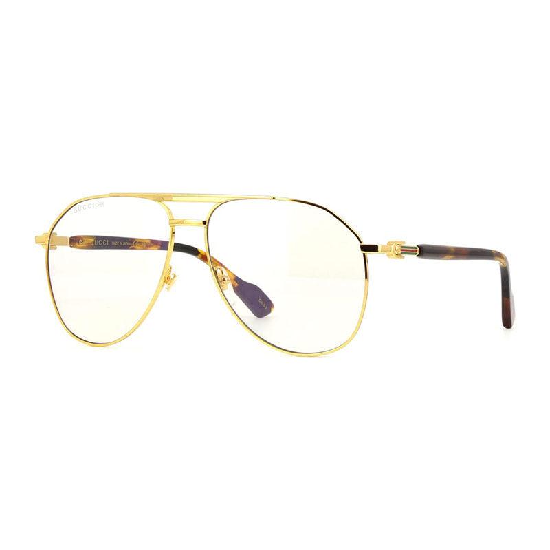 Gucci Gucci Aviator Full Rim, with a Gold frame and Transparent To Brown Photochromic lens.