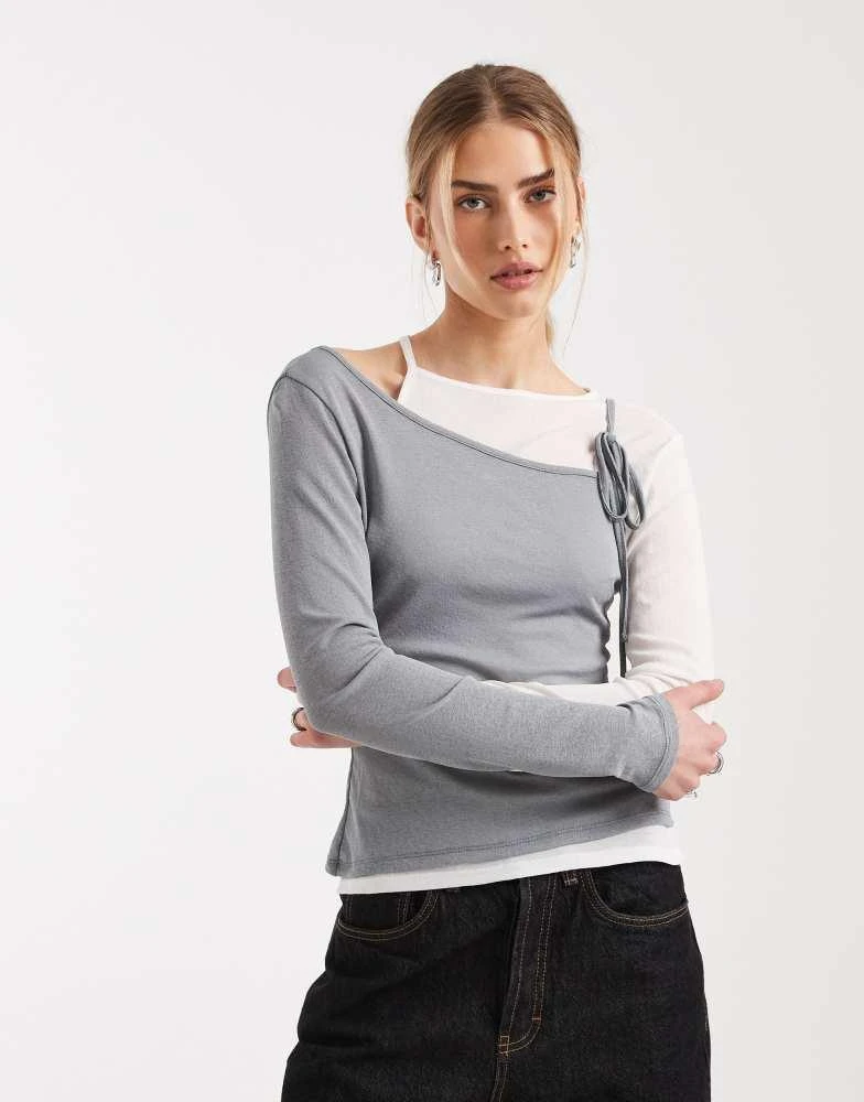 ASOS ASOS DESIGN ribbed long sleeve double layer top with tie details in cream and grey