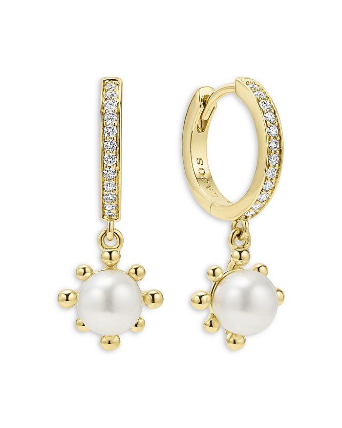 LAGOS 18K Yellow Gold Luna Cultured Pearl Fleur Charm Diamond Hoop Earrings