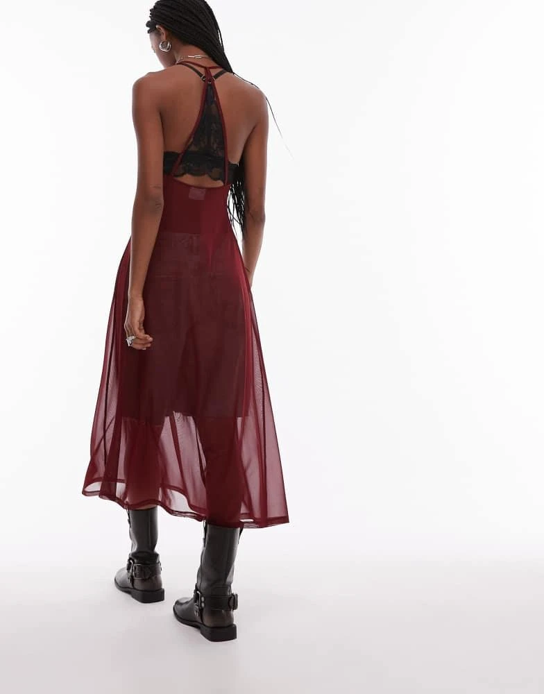 ASOS Design sheer mesh maxi slip dress in burgundy-Red ASOS Design sheer mesh maxi slip dress in burgundy-Red
