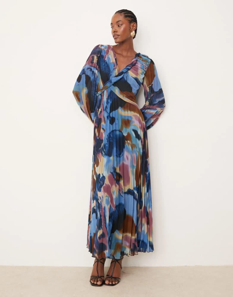 ASOS Design Tall twisted detail wrap front pleated midi dress in abstract navy-Multi
