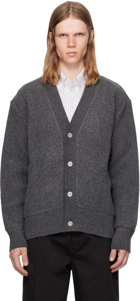 Thom Browne Gray Wool Fleece Oversized V Neck Cardigan 1