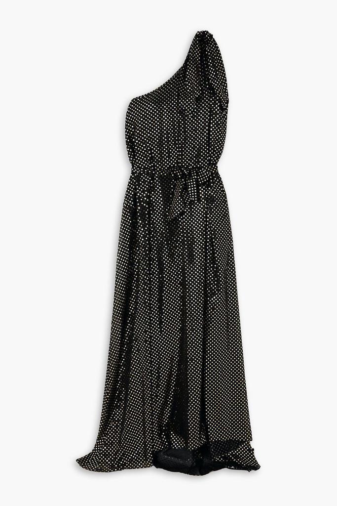 Halpern One-shoulder bow-detailed metallic polka-dot chiffon gown