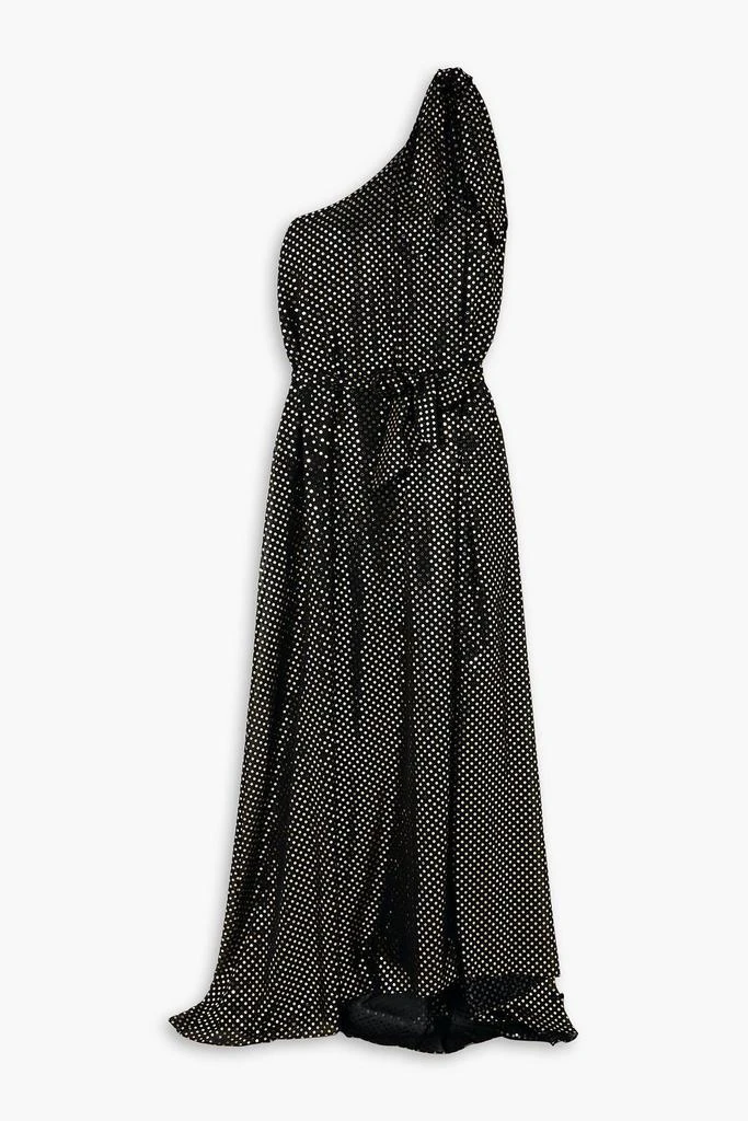 Halpern One-shoulder bow-detailed metallic polka-dot chiffon gown 1