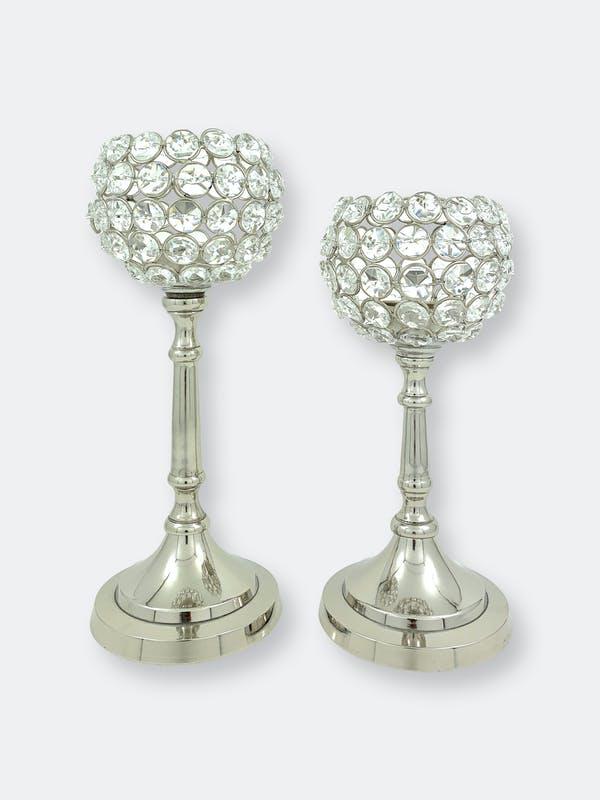 Vibhsa Vibhsa Round Crystal Aluminium Candle Holder Set Of 2
