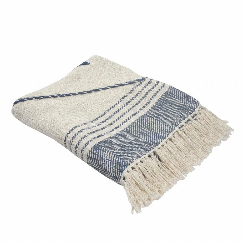 Hivvago 60" X 50" Blue and Off White Woven Cotton Striped Throw Blanket with Fringe 4