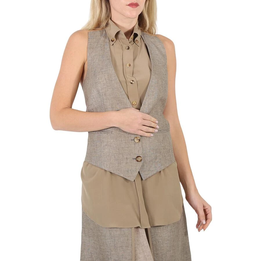 Burberry Ladies Cedar Brown Melange Silk Shirt Detail Linen Remodeled Vest 1