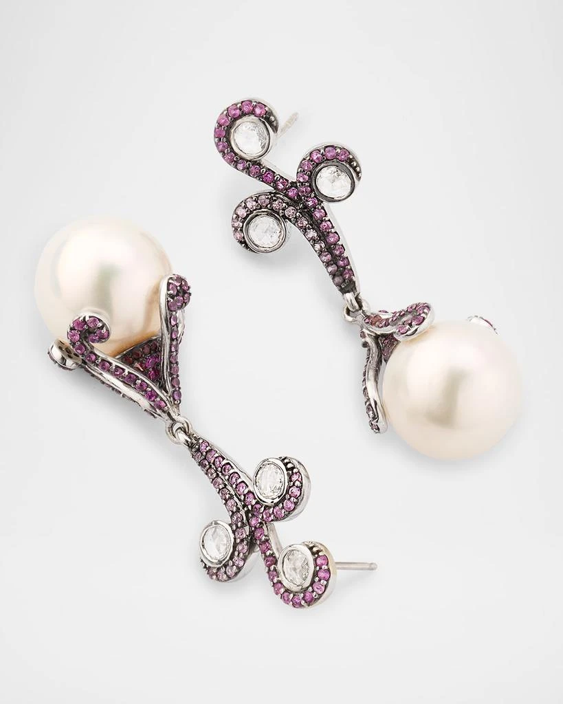 BELPEARL 18K White Gold 13mm South Side Pearl, Pink Sapphire, and Diamond Drop Earrings 3