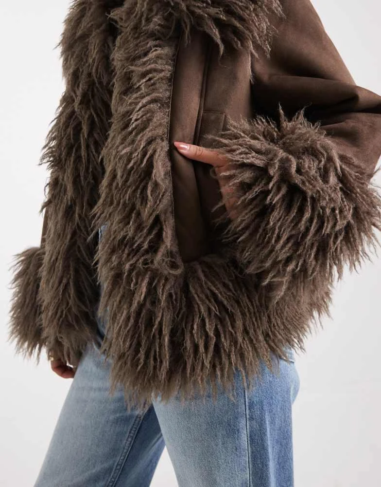 ASOS ASOS DESIGN penny lane faux fur trim coat in brown 4
