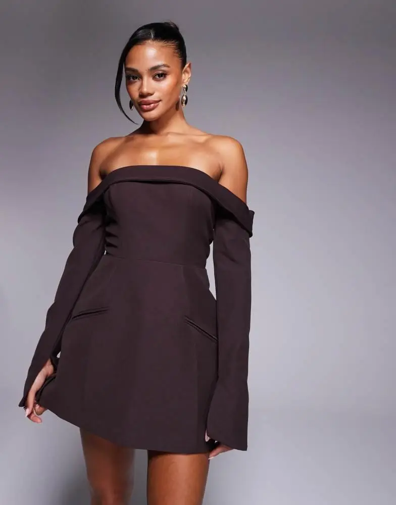 Seraphina Off-Shoulder Structured A-Line Mini Dress in Chocolate Brown | Oh Polly 6