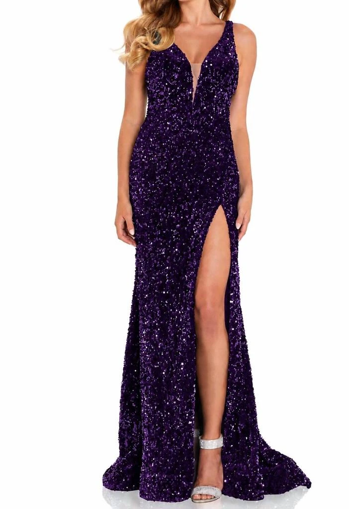AMARRA Amarra - Fitted Velvet Sequin Gown With Plunging Neckline