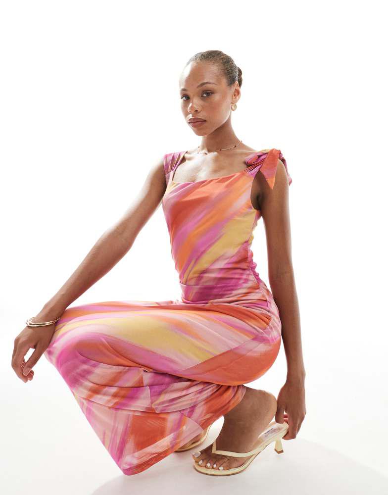 VERO MODA Vero Moda mesh asymmetric off shoulder maxi dress in pastel tie dye print