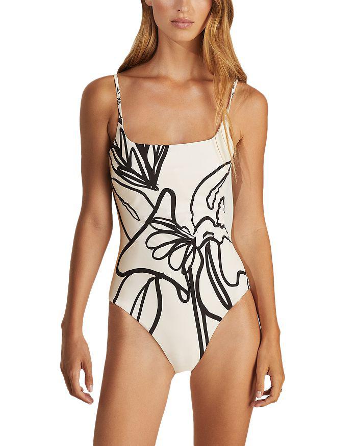 REISS Imogen Floral Print Square Neck One Piece Swimsuit