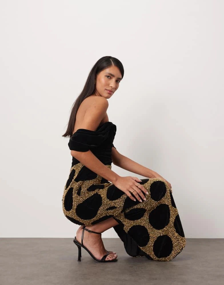 ARRANGE ARRANGE draped bardot embellished spot midi dress in black 3