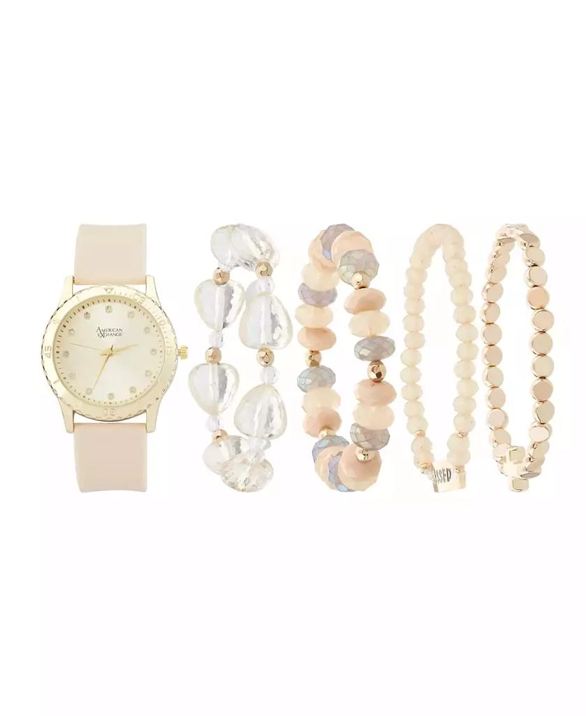 American Exchange Women's Matte Beige Silicone Strap Analog Watch 38mm with Stackable Bracelets Gift Set 1