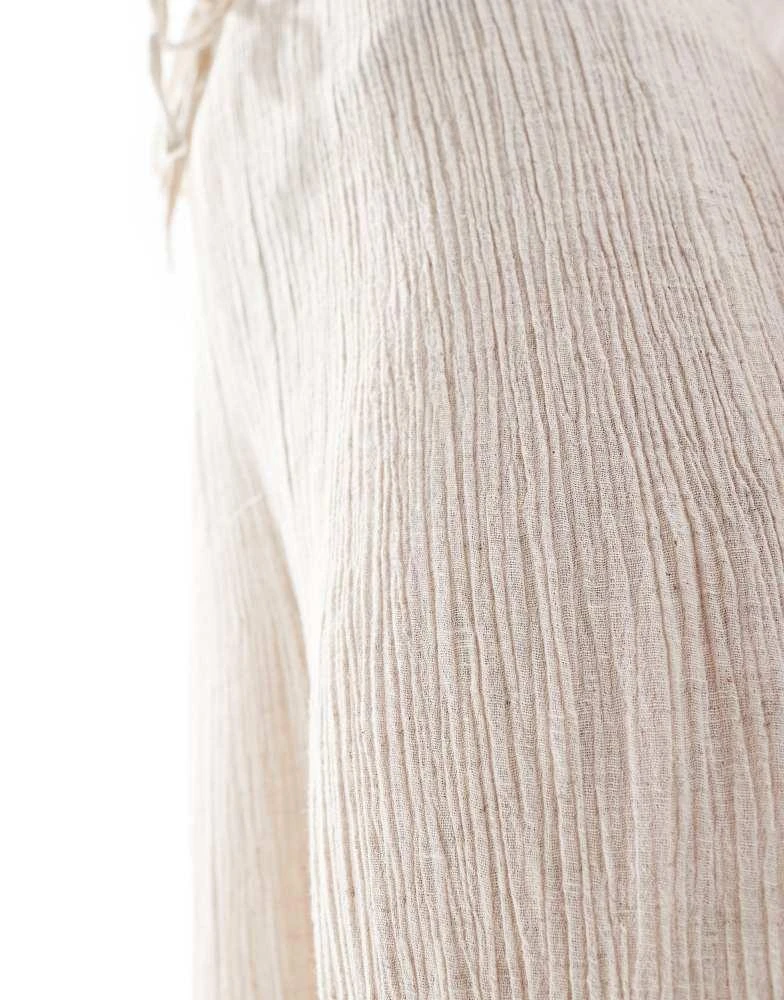 Pimkie Pimkie textured linen blend drawstring wide leg trousers in beige 5