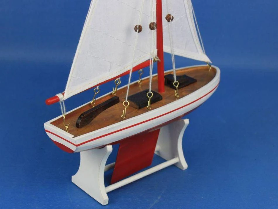 Handcrafted Cast Iron Wooden Decorative Sailboat 12" - Red Sailboat Model 3