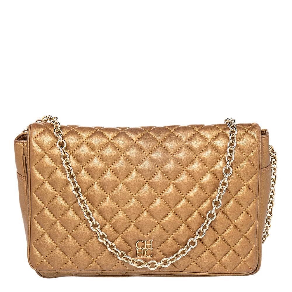 Carolina Herrera Carolina Herrera Metallic Gold Quilted Leather Chain Flap Shoulder Bag