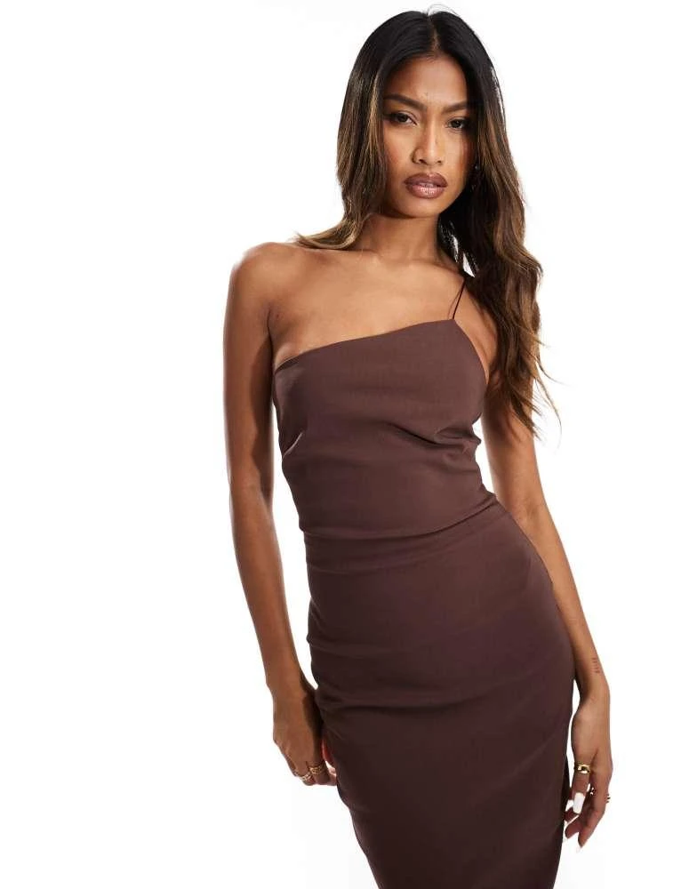 Vesper Vesper bengaline exclusive asymmetric one shoulder midi dress in chocolate 2