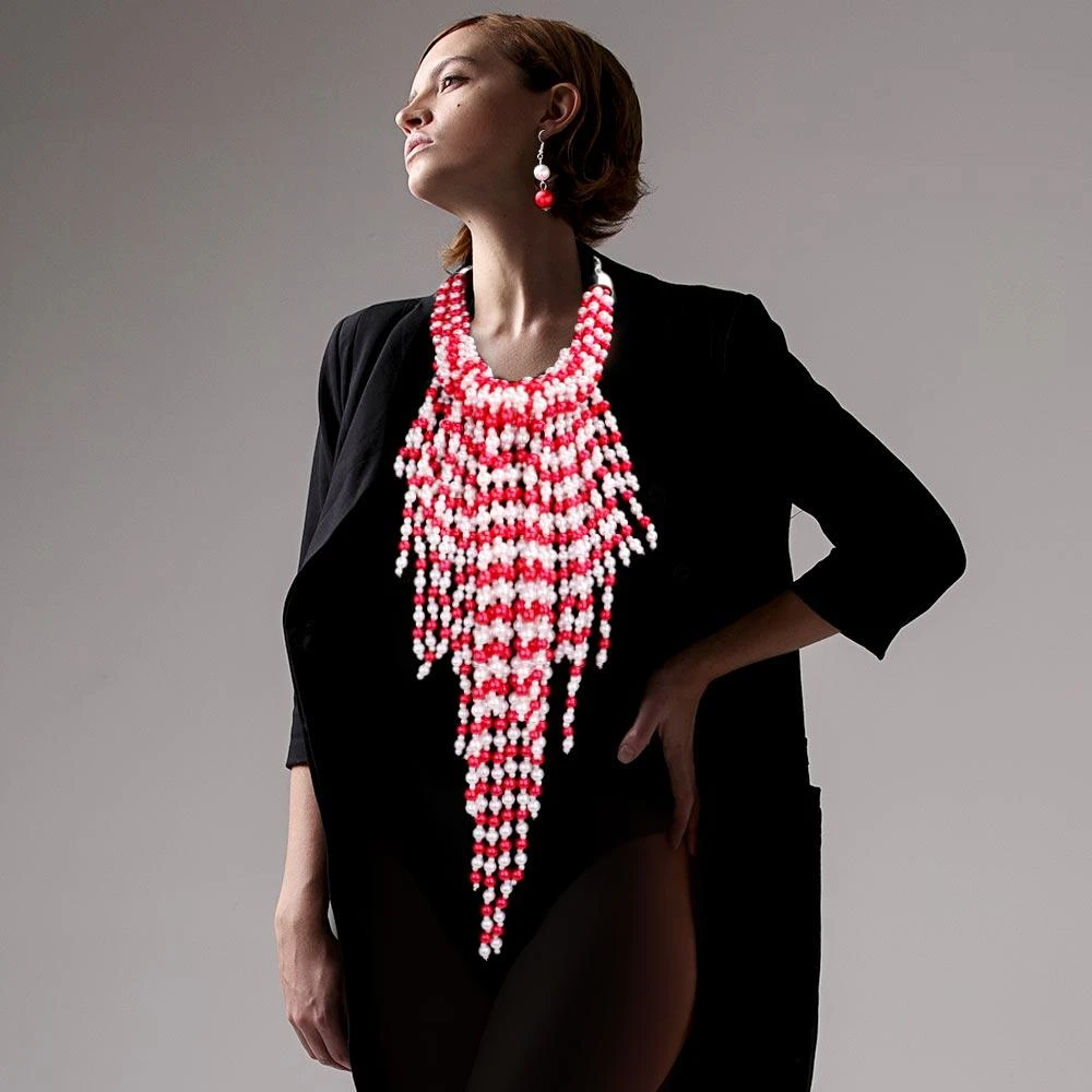 FASHNZFAB Pearl Strand Fringe Bib Necklace