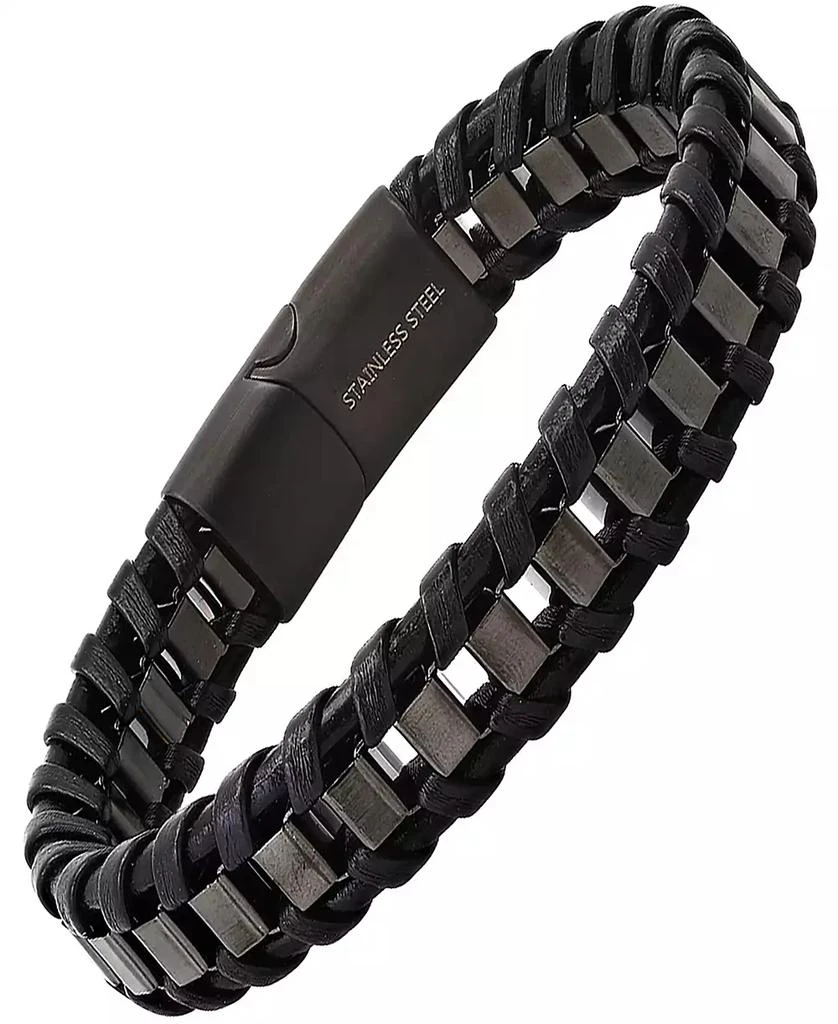 STEELTIME Men’s Black Leather and Black IP Stainless Steel Box Link Braided Bracelet 2