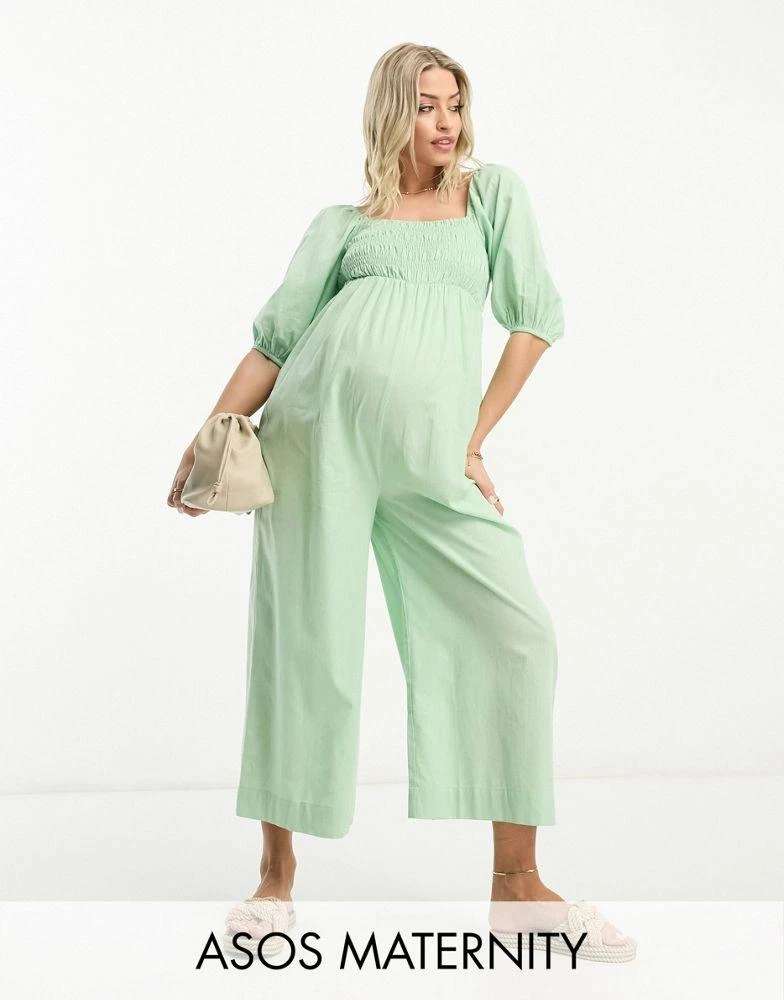 ASOS ASOS DESIGN Maternity linen look shirred puff sleeve jumpsuit in sage 1