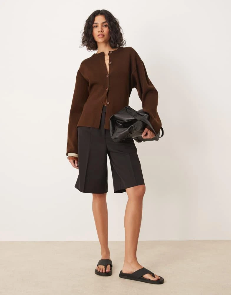 ASOS ASOS DESIGN knitted structured crew neck cardigan in dark brown 3
