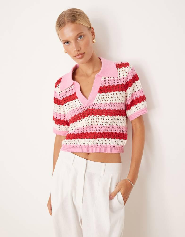 Brave Soul Brave Soul Stripe pointelle knit collared t-shirt in pink