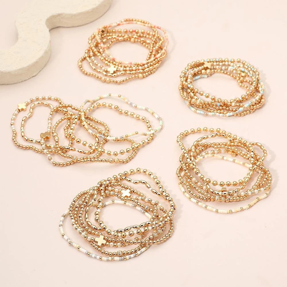 FASHNZFAB 6PCS - Cross Charm Accent Seed Beaded Stretch Multi Layered Bracelets 4