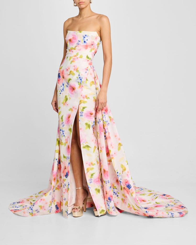 Pamella Roland Strapless White Multi Floral Taffeta Overskirt-Train Gown