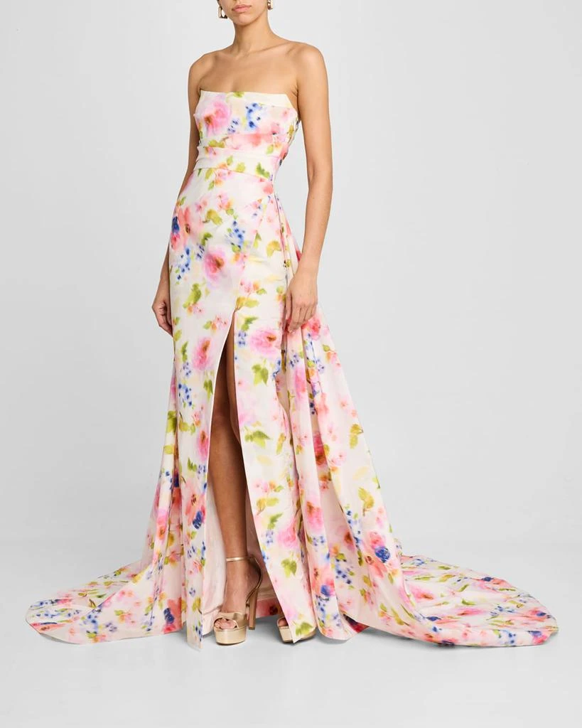Pamella Roland Strapless White Multi Floral Taffeta Overskirt-Train Gown 2