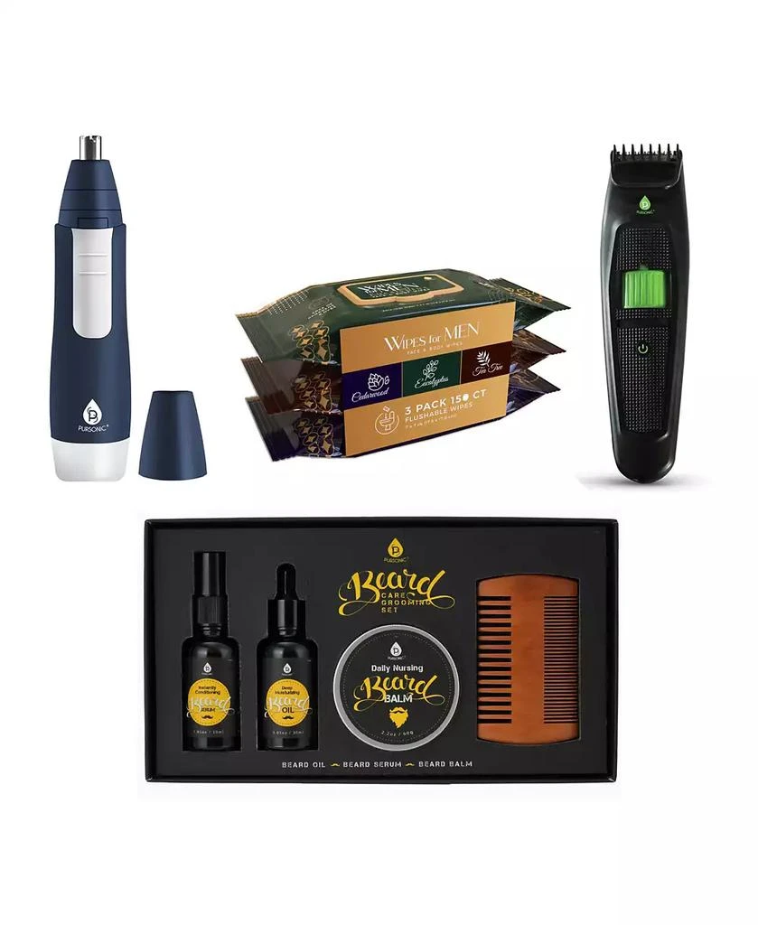 PURSONIC Full-Range Men
s Grooming: 4-Piece Beard Care Set, Beard and Body Trimmer, Nose Trimmer, 
Assorted Face and Body Wipes
