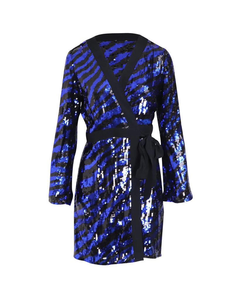 Rixo Rixo Striped Wrap Dress in Blue and Black Sequin