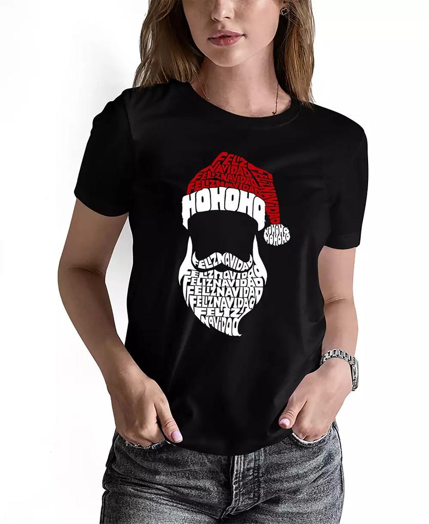 LA Pop Art Women's Feliz Navidad Santa Claus Word Art Crew Neck T-Shirt