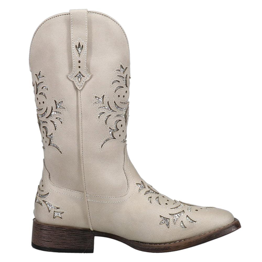 Roper Kennedy Tooled-Inlay Glitter Square Toe Pull On Cowboy Boots